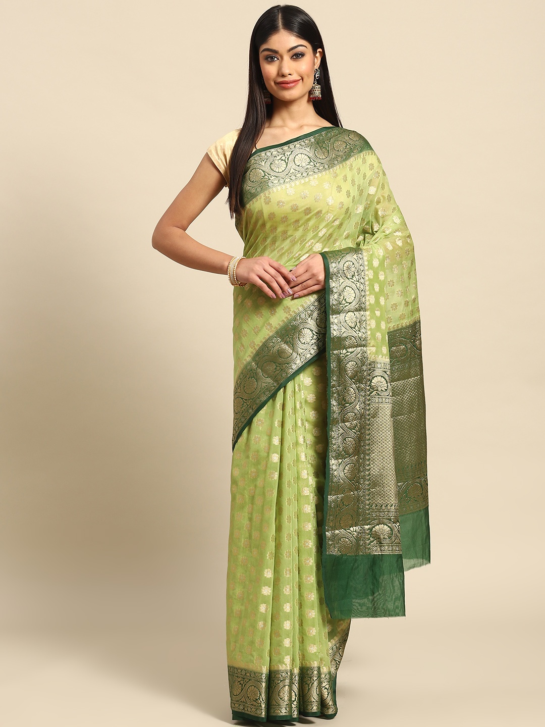 

Banarasi Style Green Ethnic Motifs Zari Art Silk Banarasi Saree