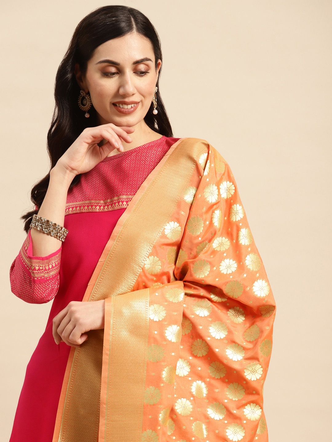 

Banarasi Style Ethnic Motifs Woven Design Dupatta with Zari, Peach