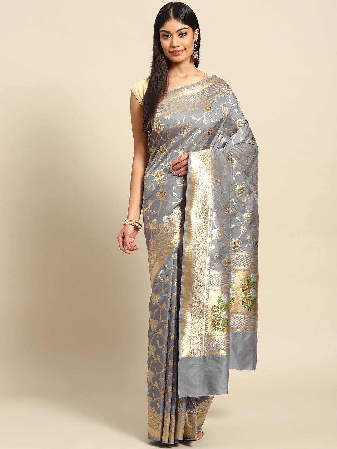 

Banarasi Style Grey & Gold-Toned Floral Zari Art Silk Banarasi Saree