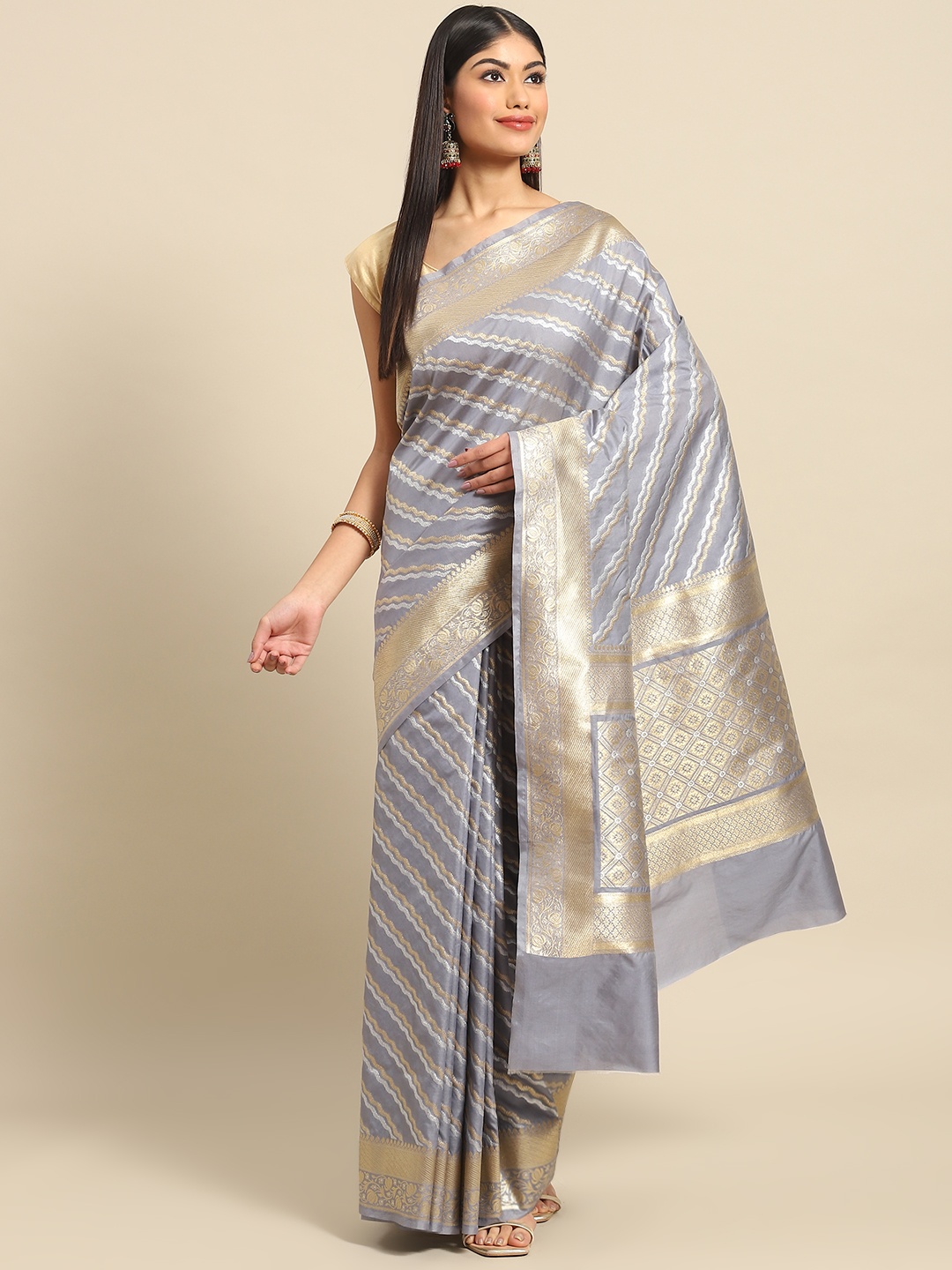 

Banarasi Style Grey & Gold-Toned Leheriya Zari Art Silk Banarasi Saree