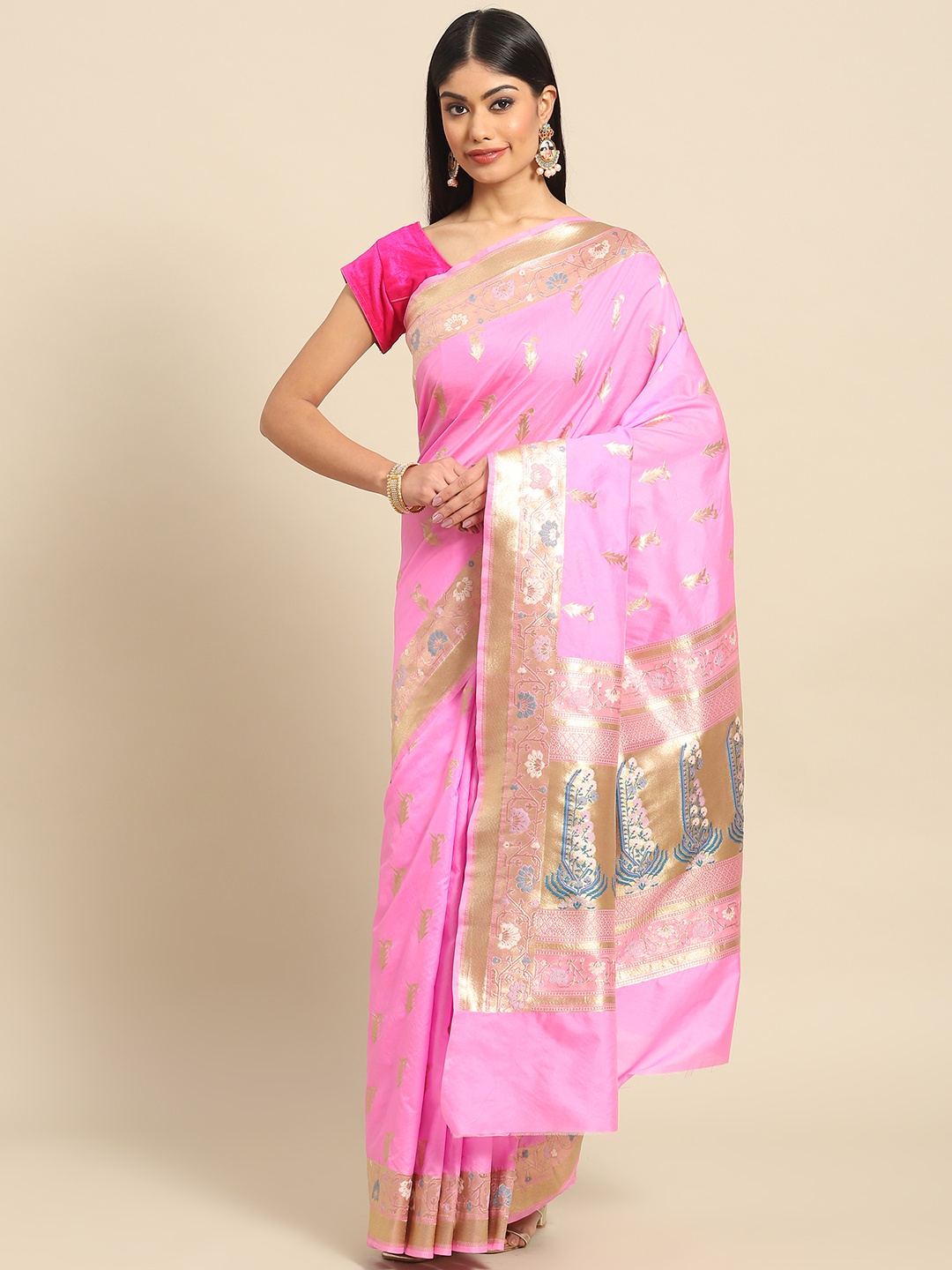 

Banarasi Style Pink & Gold-Toned Floral Zari Art Silk Banarasi Saree