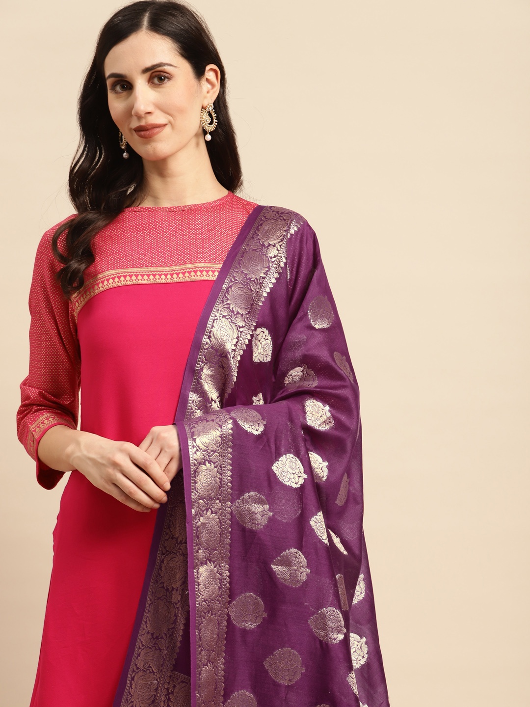 

Banarasi Style Ethnic Motifs Woven Design Dupatta with Zari, Purple