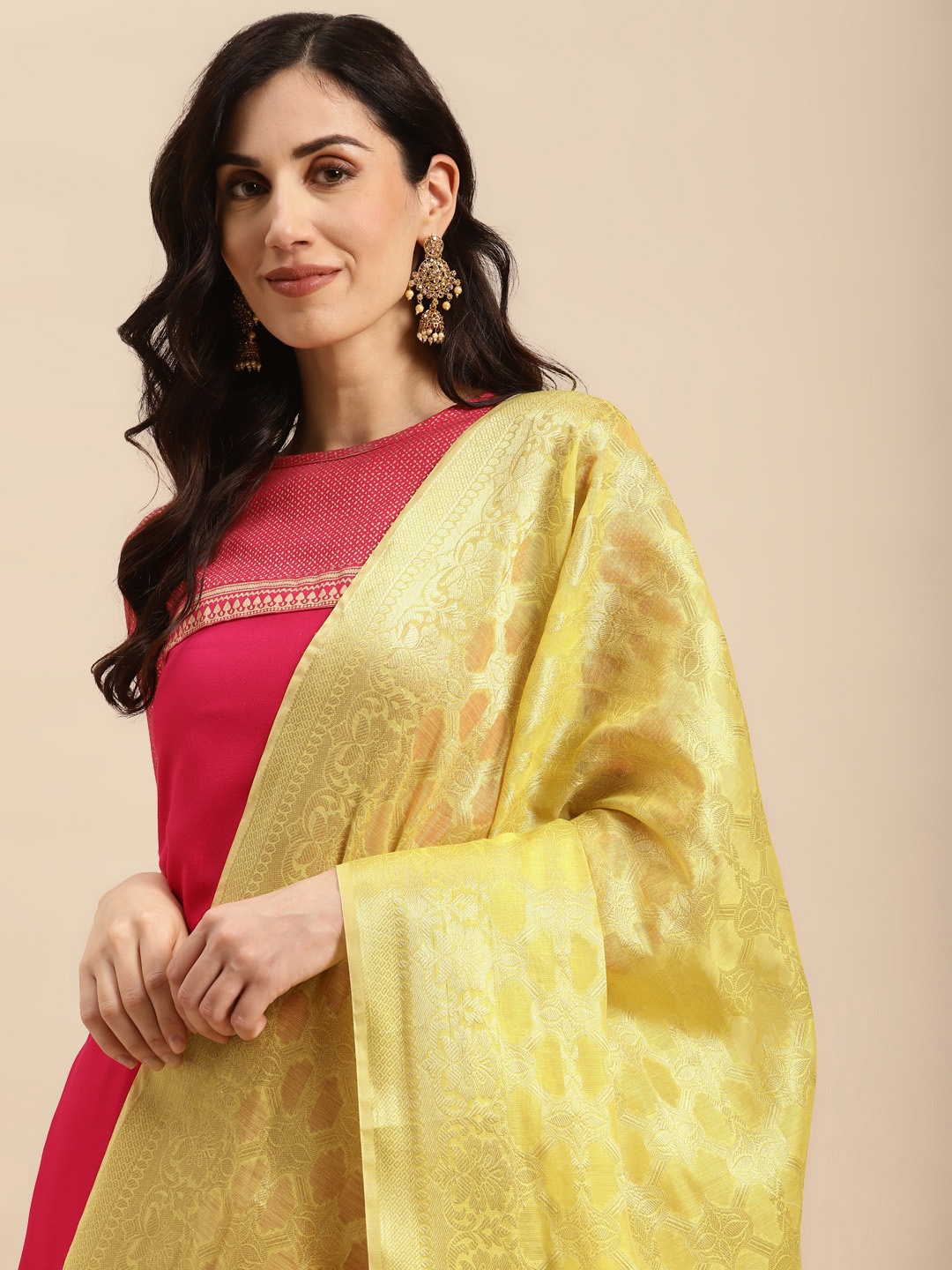 

Banarasi Style Ethnic Motifs Woven Design Dupatta with Zari, Yellow