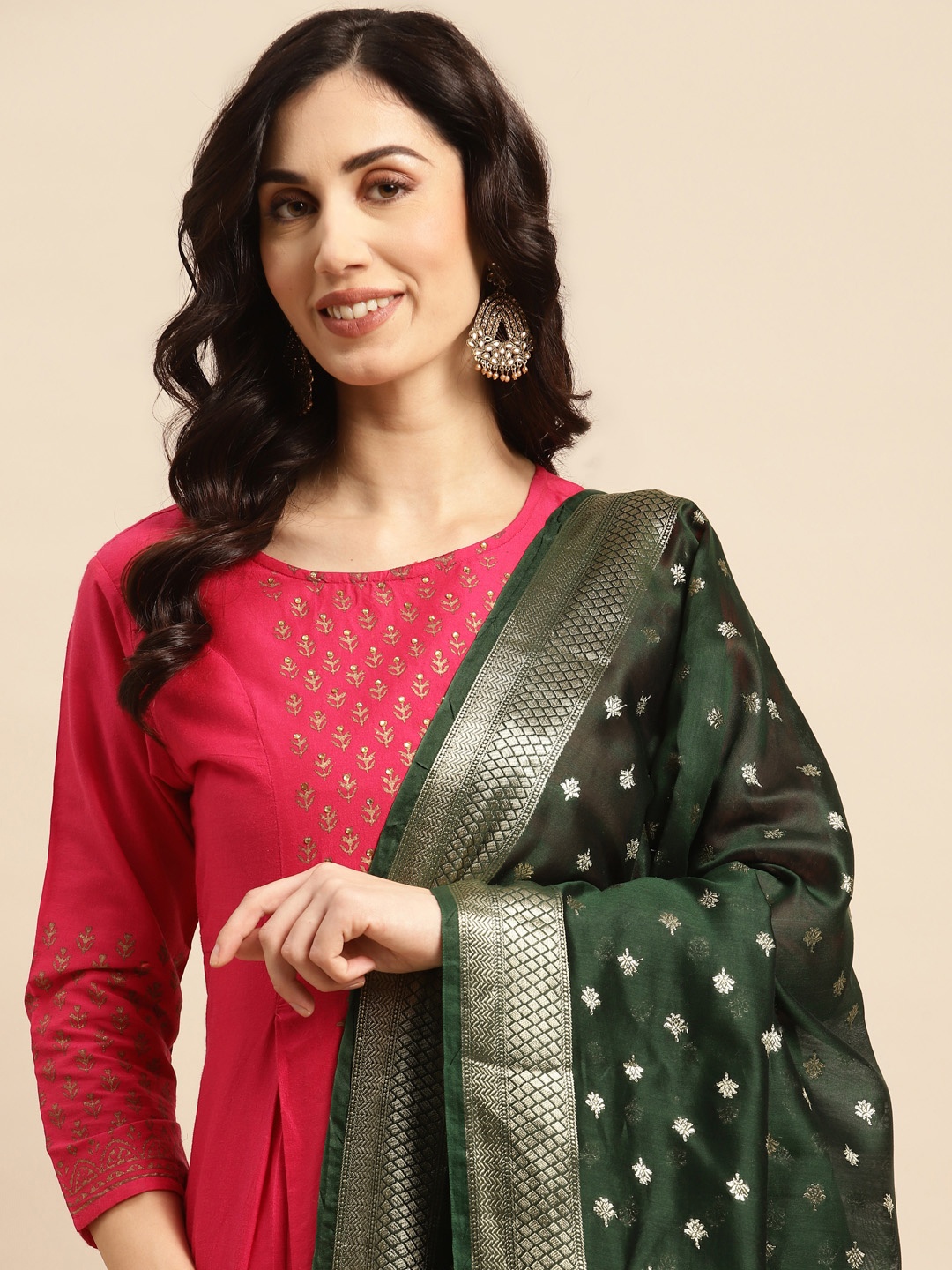 

Banarasi Style Ethnic Motifs Woven Design Dupatta with Zari, Green