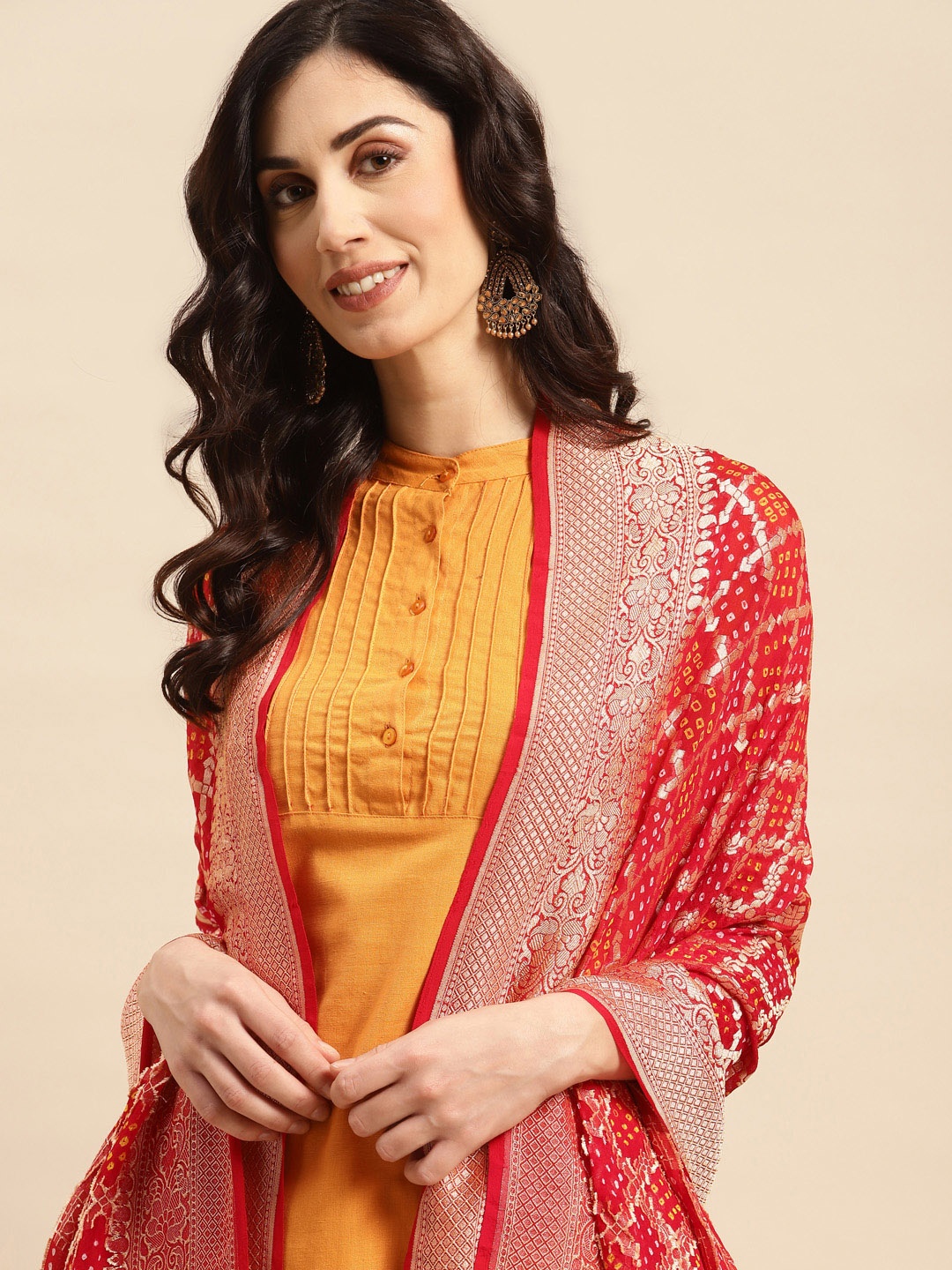 

Banarasi Style Woven Design Bandhani Dupatta with Zari, Red