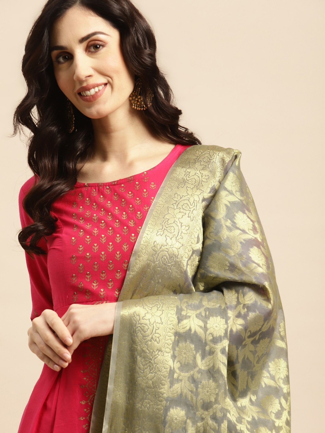 

Banarasi Style Ethnic Motifs Woven Design Dupatta with Zari, Grey