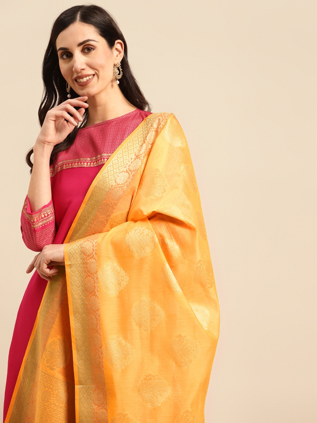 

Banarasi Style Ethnic Motifs Woven Design Dupatta with Zari, Yellow