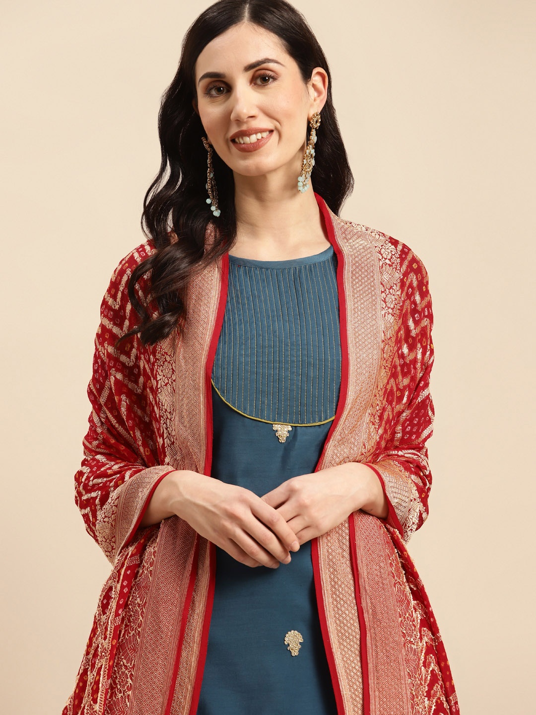 

Banarasi Style Woven Design Bandhani Dupatta with Zari, Red