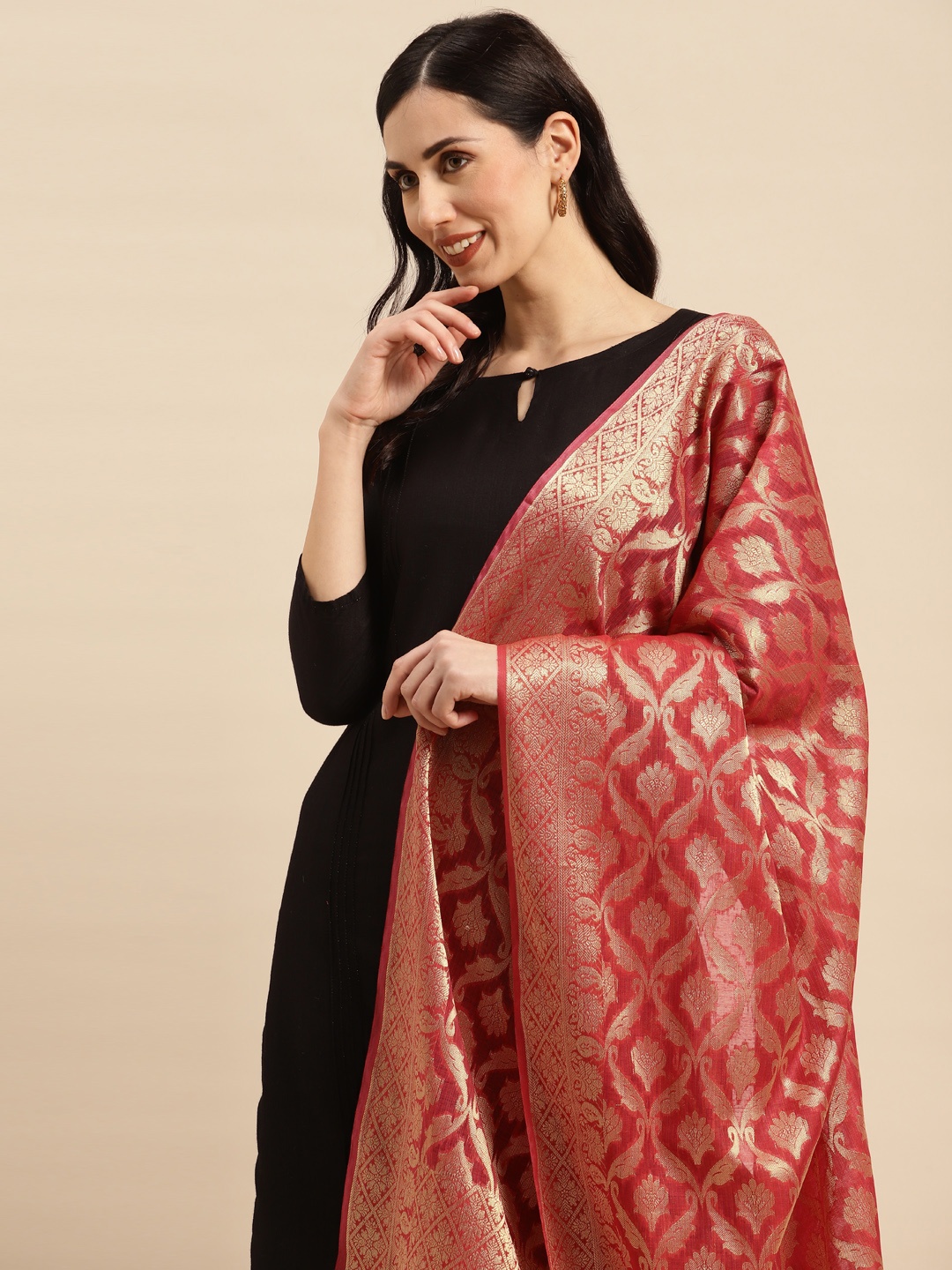 

Banarasi Style Ethnic Motifs Woven Design Dupatta with Zari, Red