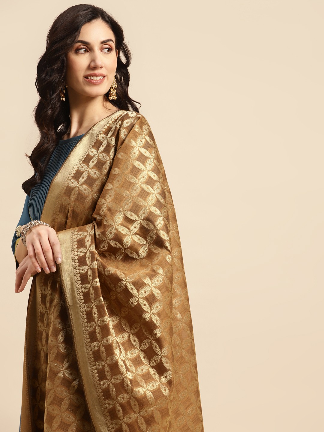 

Banarasi Style Ethnic Motifs Woven Design Dupatta with Zari, Tan