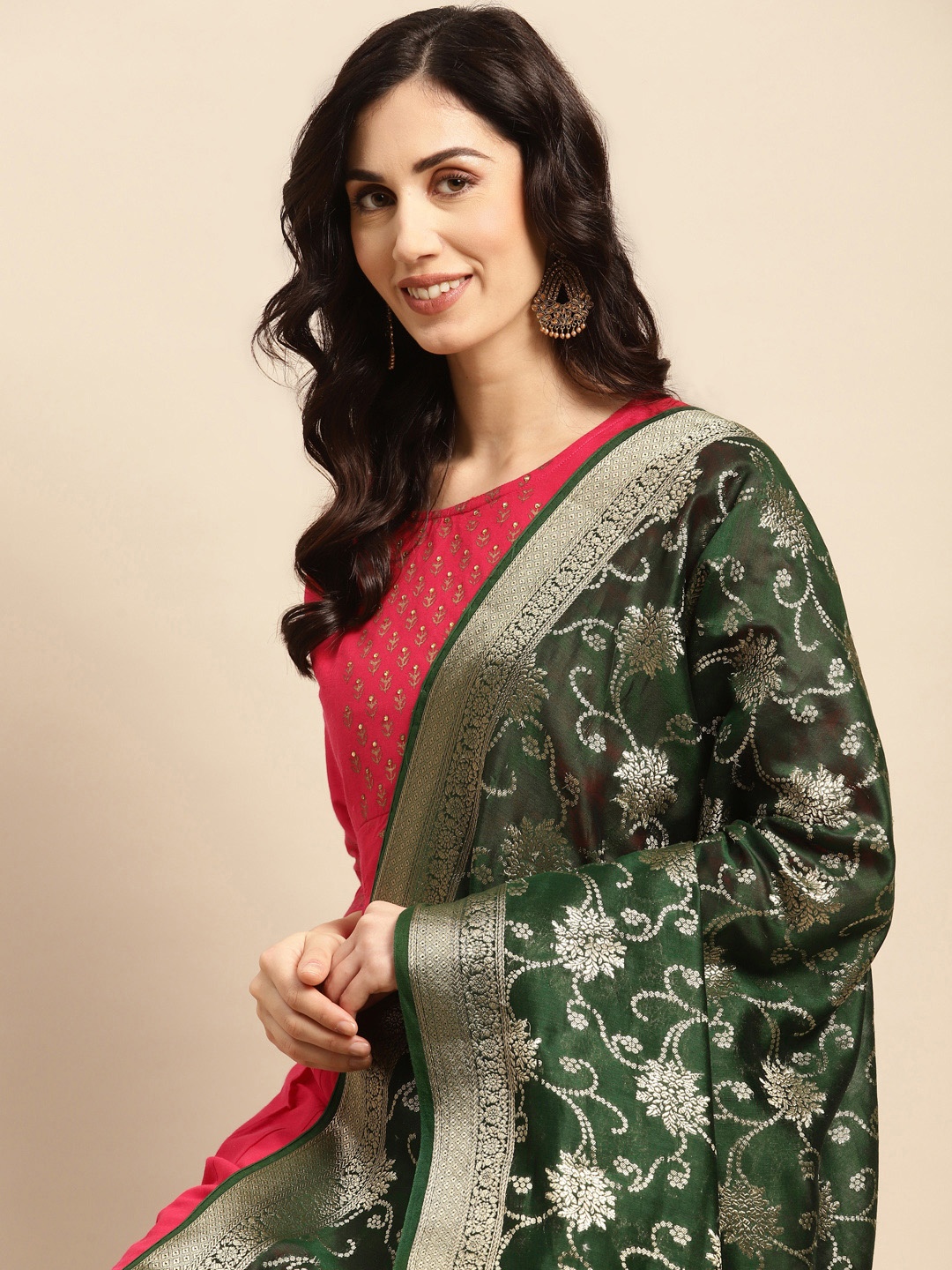 

Banarasi Style Ethnic Motifs Woven Design Dupatta with Zari, Green