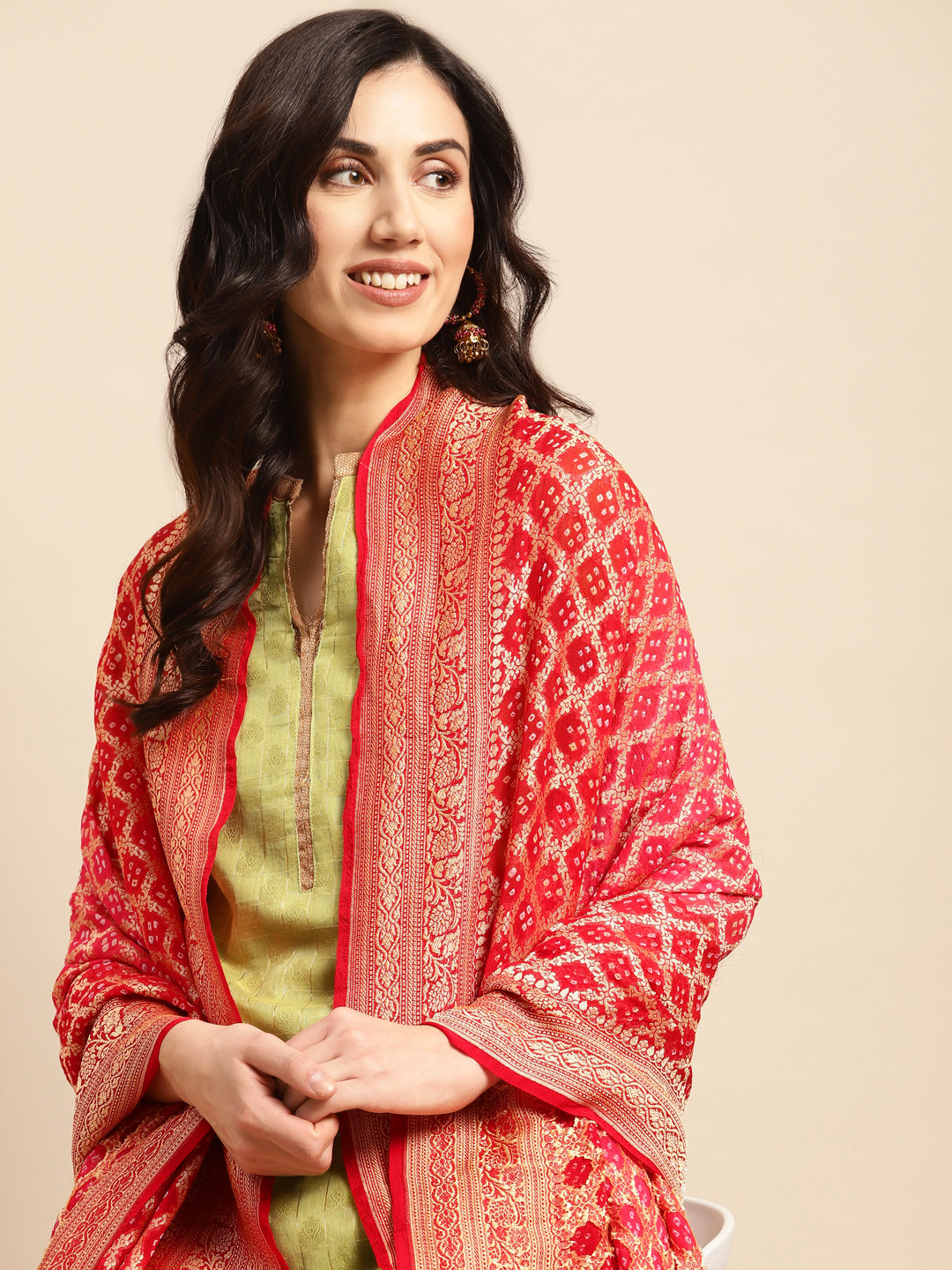 

Banarasi Style Woven Design Bandhani Dupatta with Zari, Pink