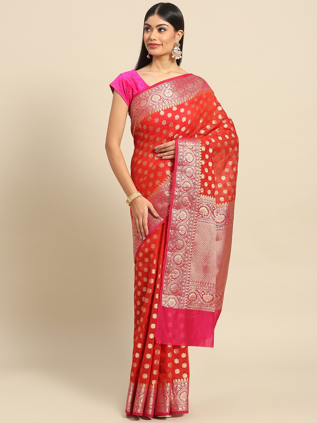 

Banarasi Style Red & Gold-Toned Floral Zari Art Silk Banarasi Saree