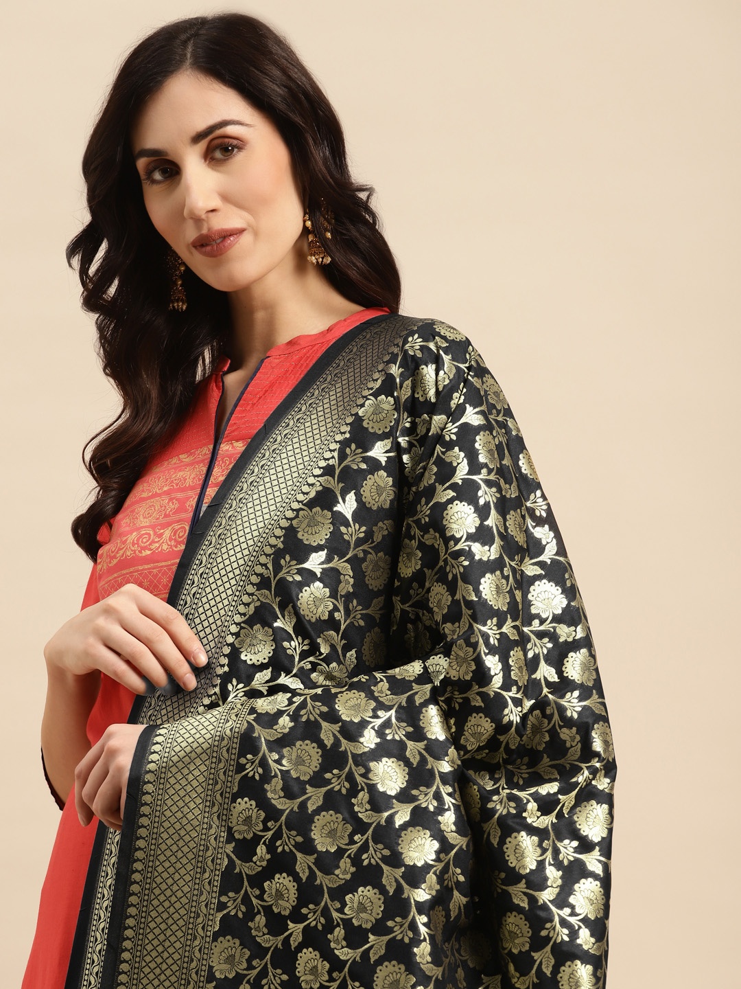 

Banarasi Style Ethnic Motifs Woven Design Dupatta with Zari, Black