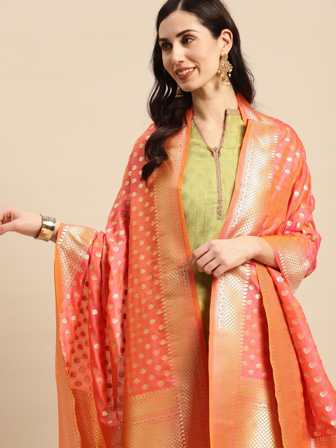 

Banarasi Style Ethnic Motifs Woven Design Dupatta with Zari, Pink