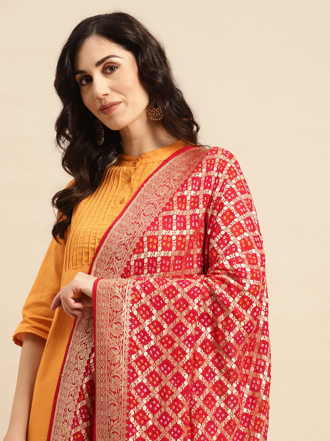 

Banarasi Style Woven Design Bandhani Dupatta with Zari, Red