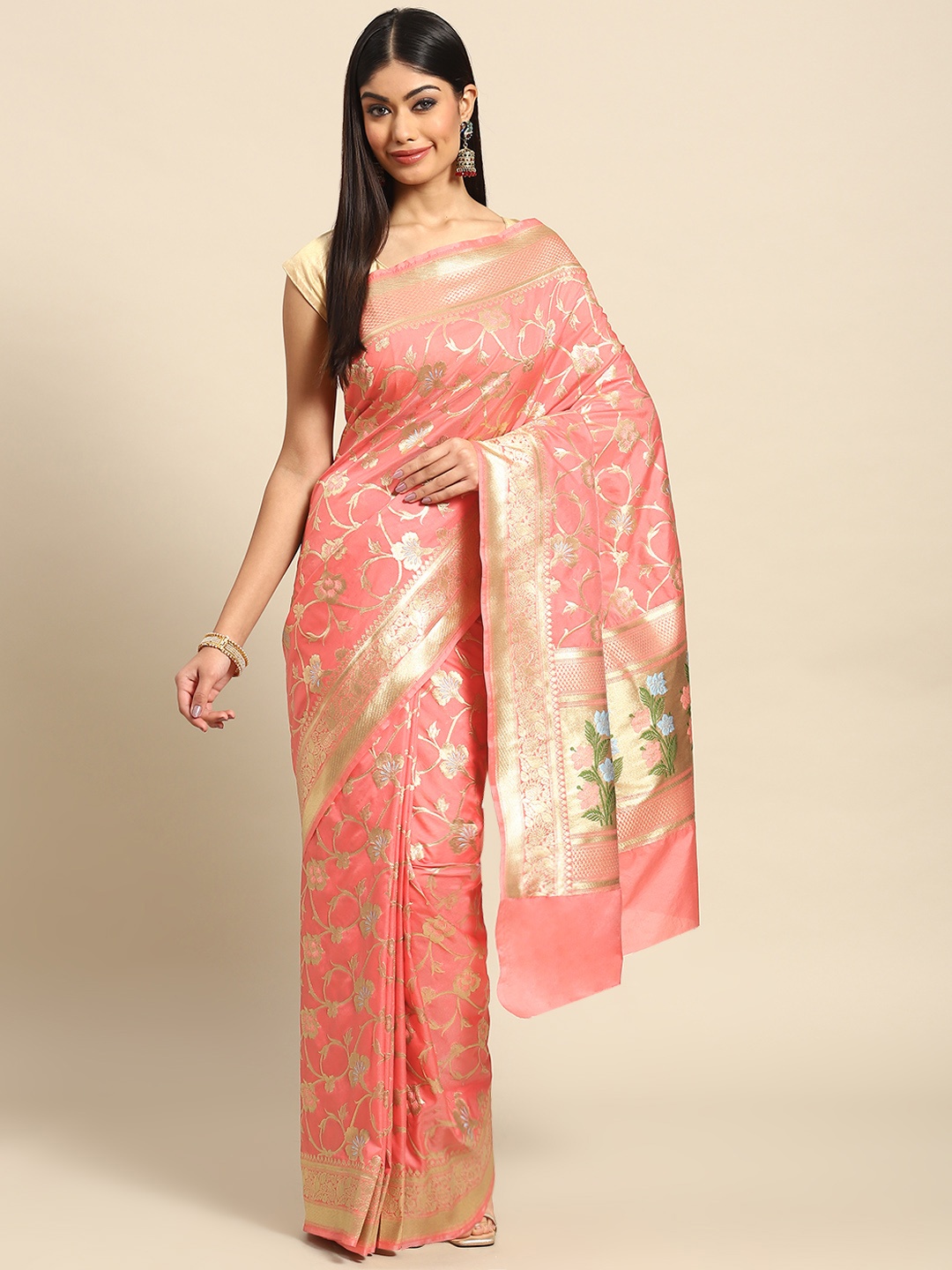 

Banarasi Style Floral Zari Art Silk Banarasi Saree, Peach