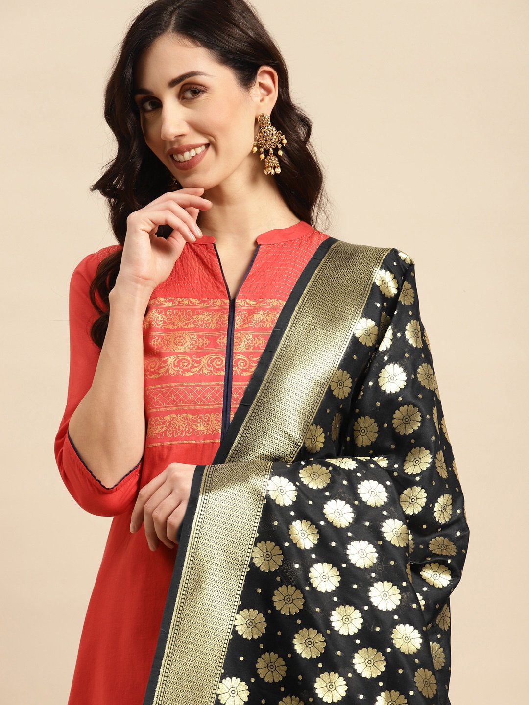 

Banarasi Style Ethnic Motifs Woven Design Dupatta with Zari, Black