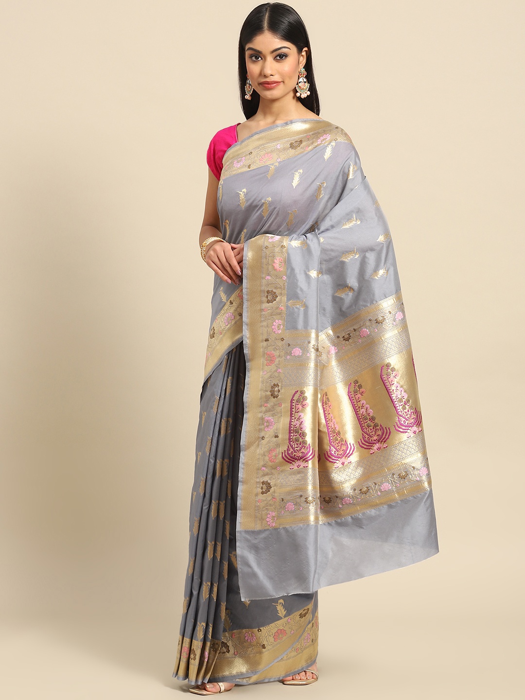 

Banarasi Style Ethnic Motifs Zari Art Silk Banarasi Saree, Grey