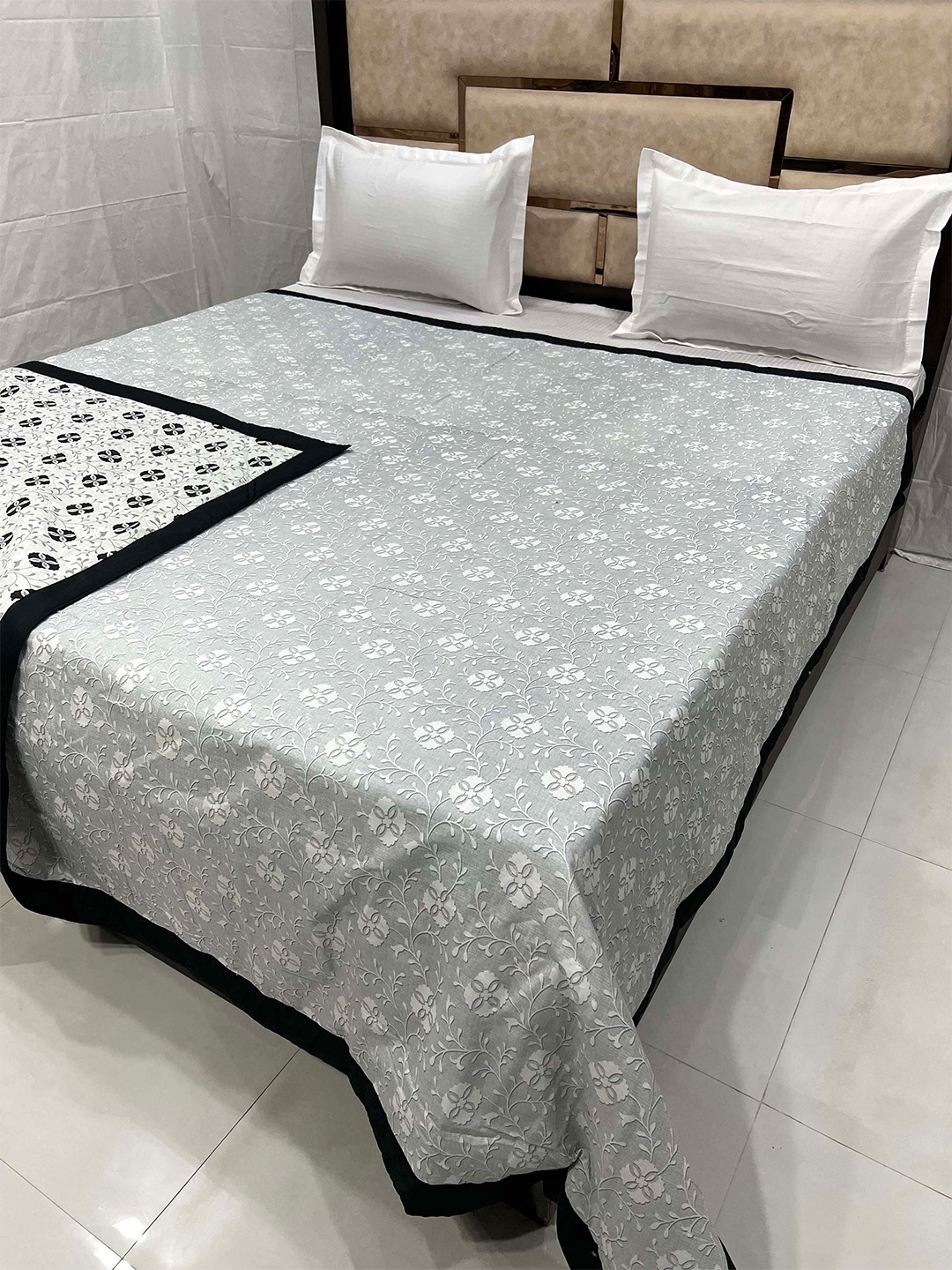 

Pure Decor Silken Black & Grey Floral AC Room 233 GSM Double Pure Cotton Bed Dohar
