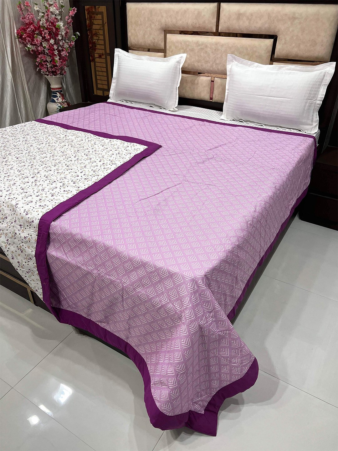 

Pure Decor Silken Purple & White Floral AC Room 233 GSM Double Pure Cotton Bed Dohar