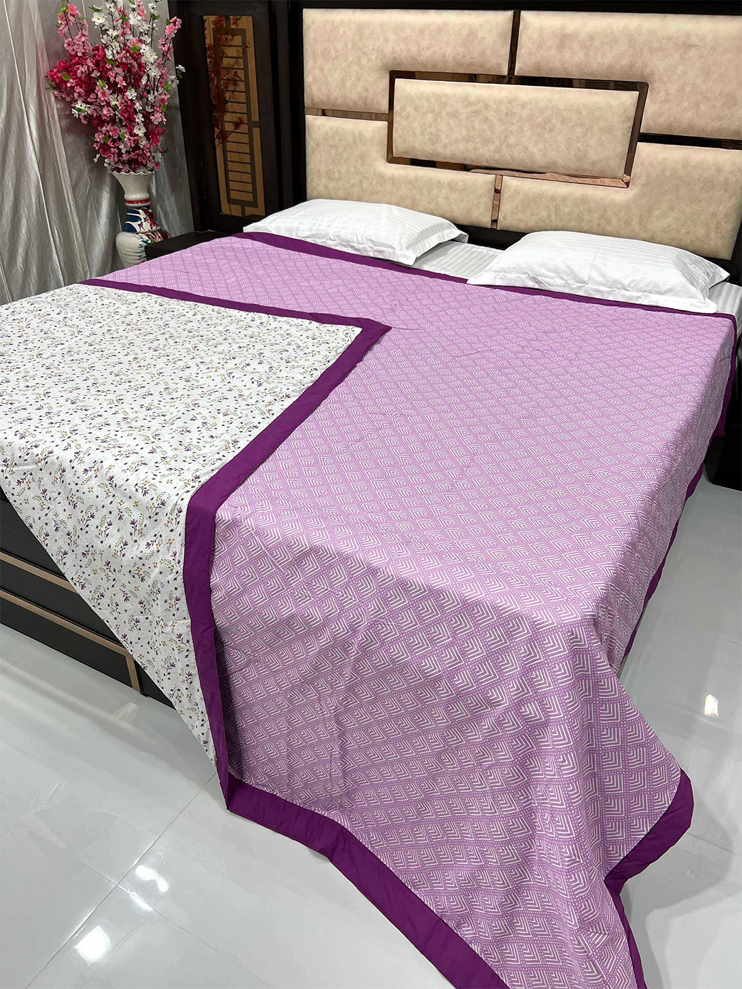 

Pure Decor Silken Purple & White Floral AC Room 233 GSM Double Pure Cotton Bed Dohar