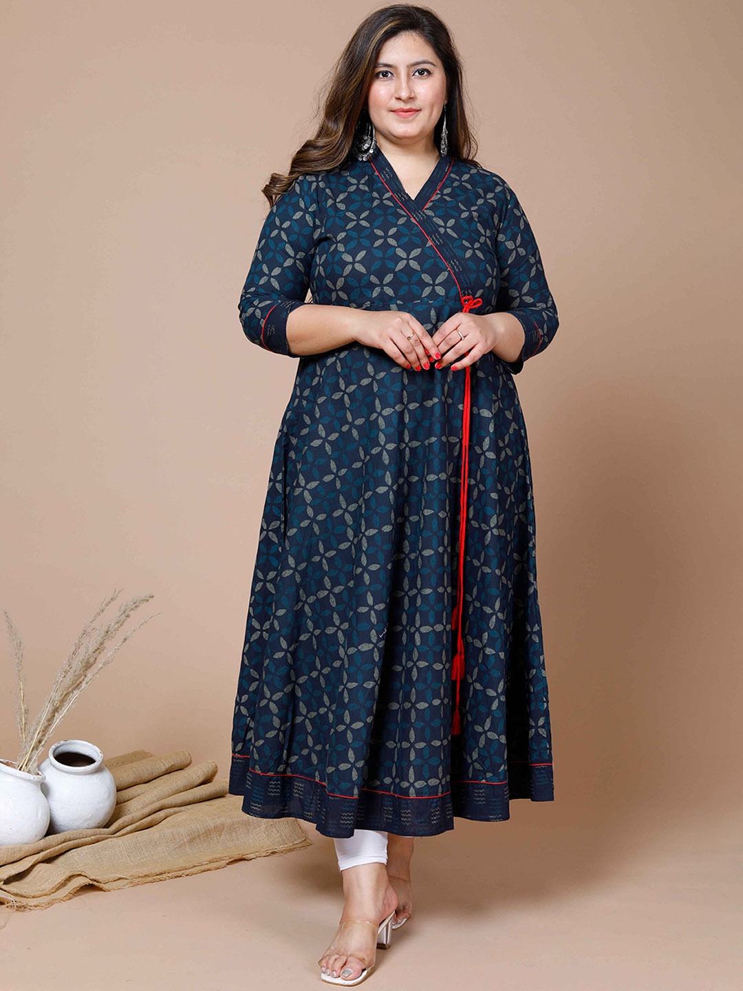 

MIRAVAN Plus Size Printed Anarkali V-Neck Empire Pure Cotton Kurta, Navy blue
