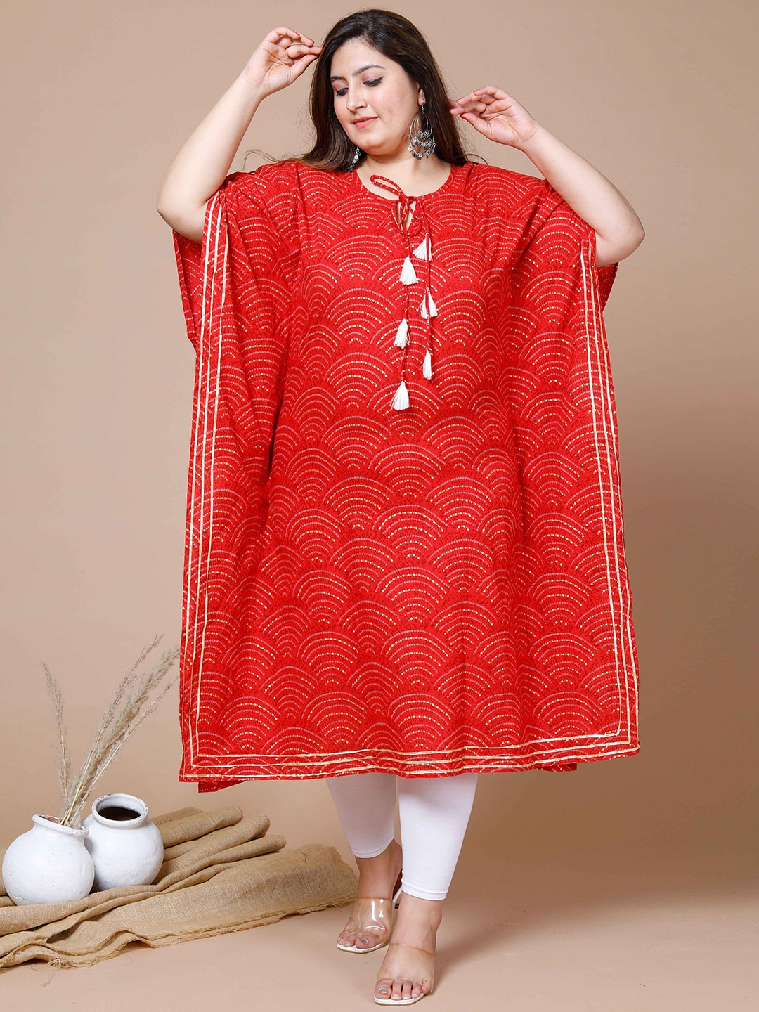 

MIRAVAN Plus Size Printed Bandhani Pure Cotton Kaftan Zari Regular Kurta, Red