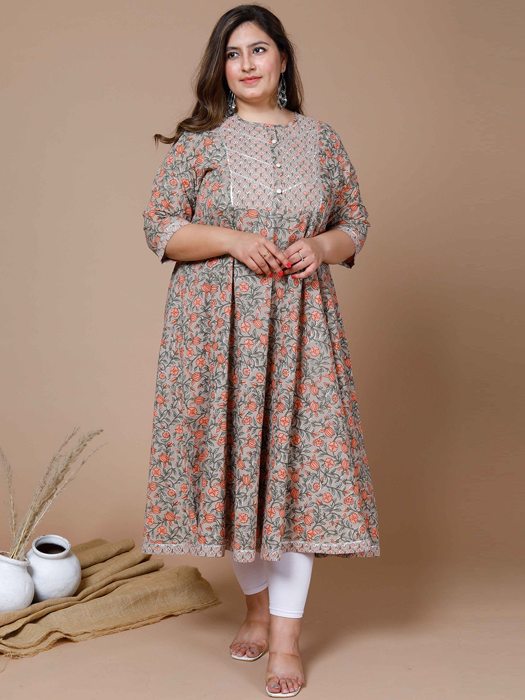 

MIRAVAN Plus Size Floral Printed Mukaish Anarkali Pure Cotton Kurta, Brown