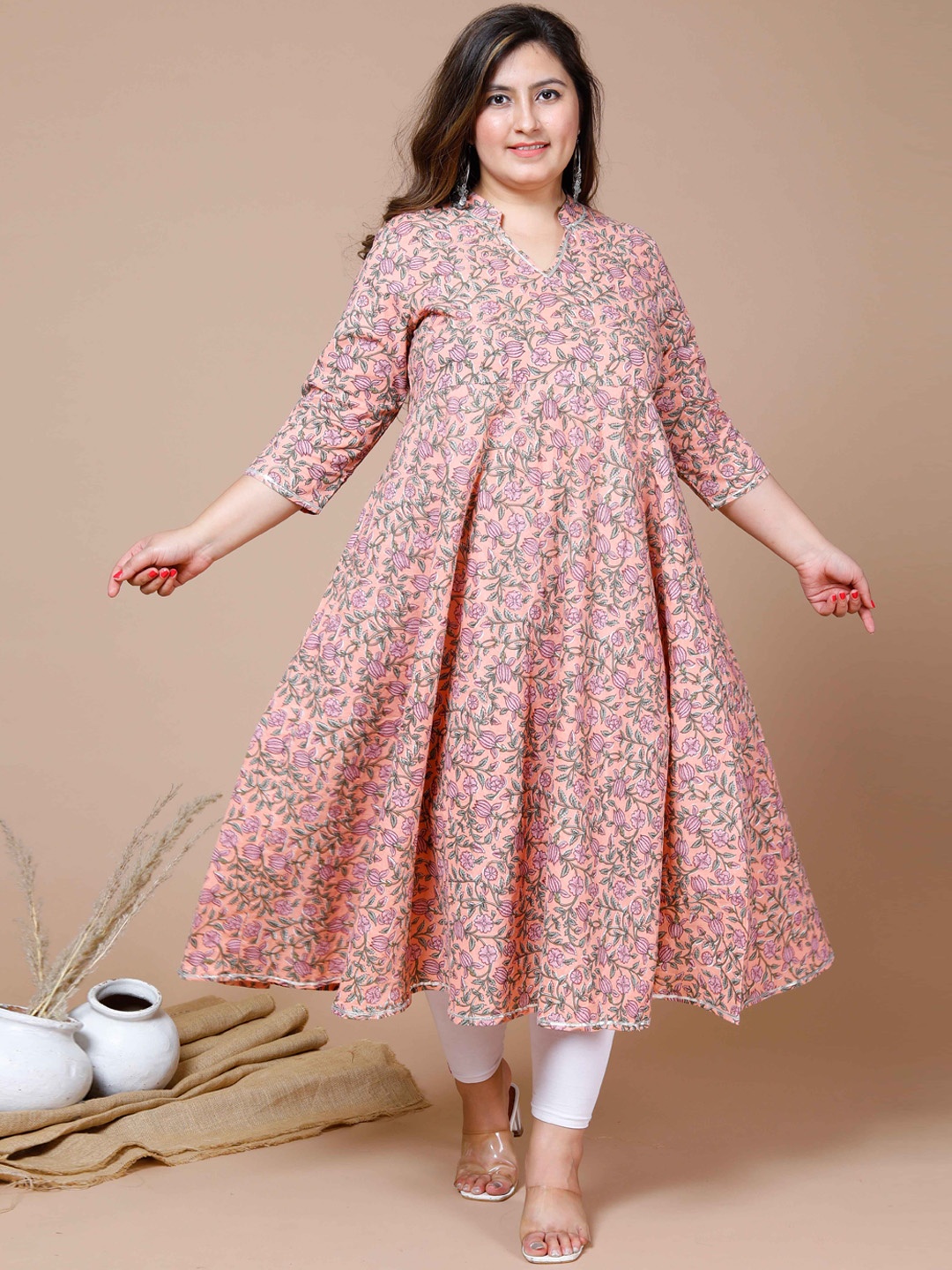 

MIRAVAN Plus Size Floral Printed Mukaish Anarkali Empire Pure Cotton Kurta, Peach