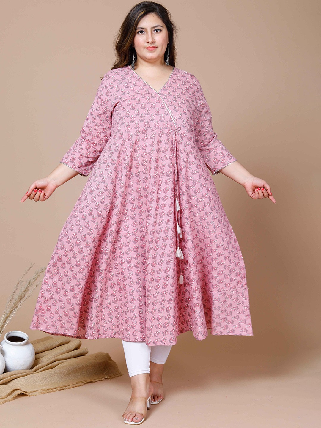 

MIRAVAN Plus Size Floral Printed Mukaish Anarkali Empire Pure Cotton Kurta, Pink