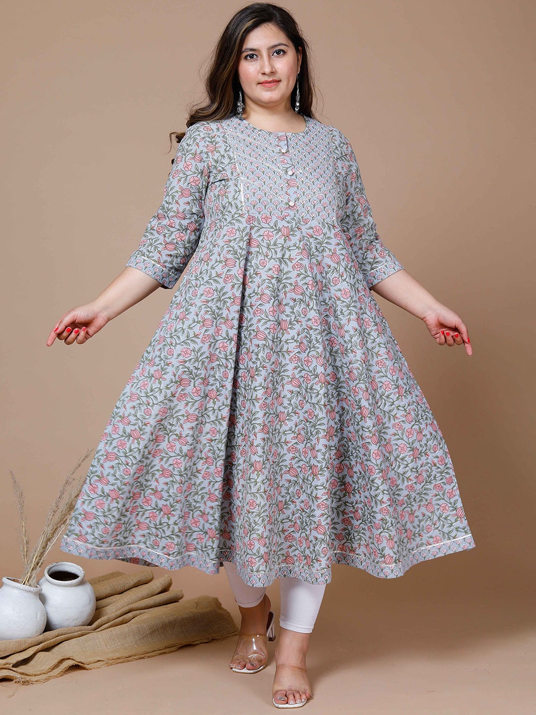 

MIRAVAN Plus Size Floral Printed Pure Cotton Anarkali Kurta, Blue
