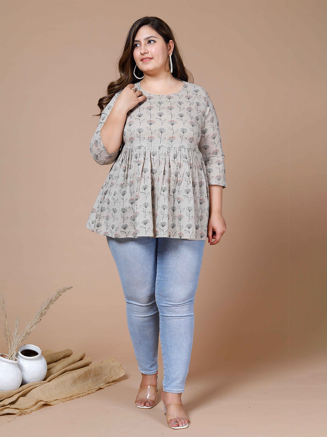 

MIRAVAN Plus Size Floral Printed Pure Cotton Pleated Kurti, Grey