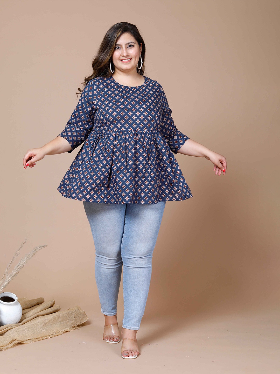 

MIRAVAN Plus Size Printed Pure Cotton Kurti, Blue