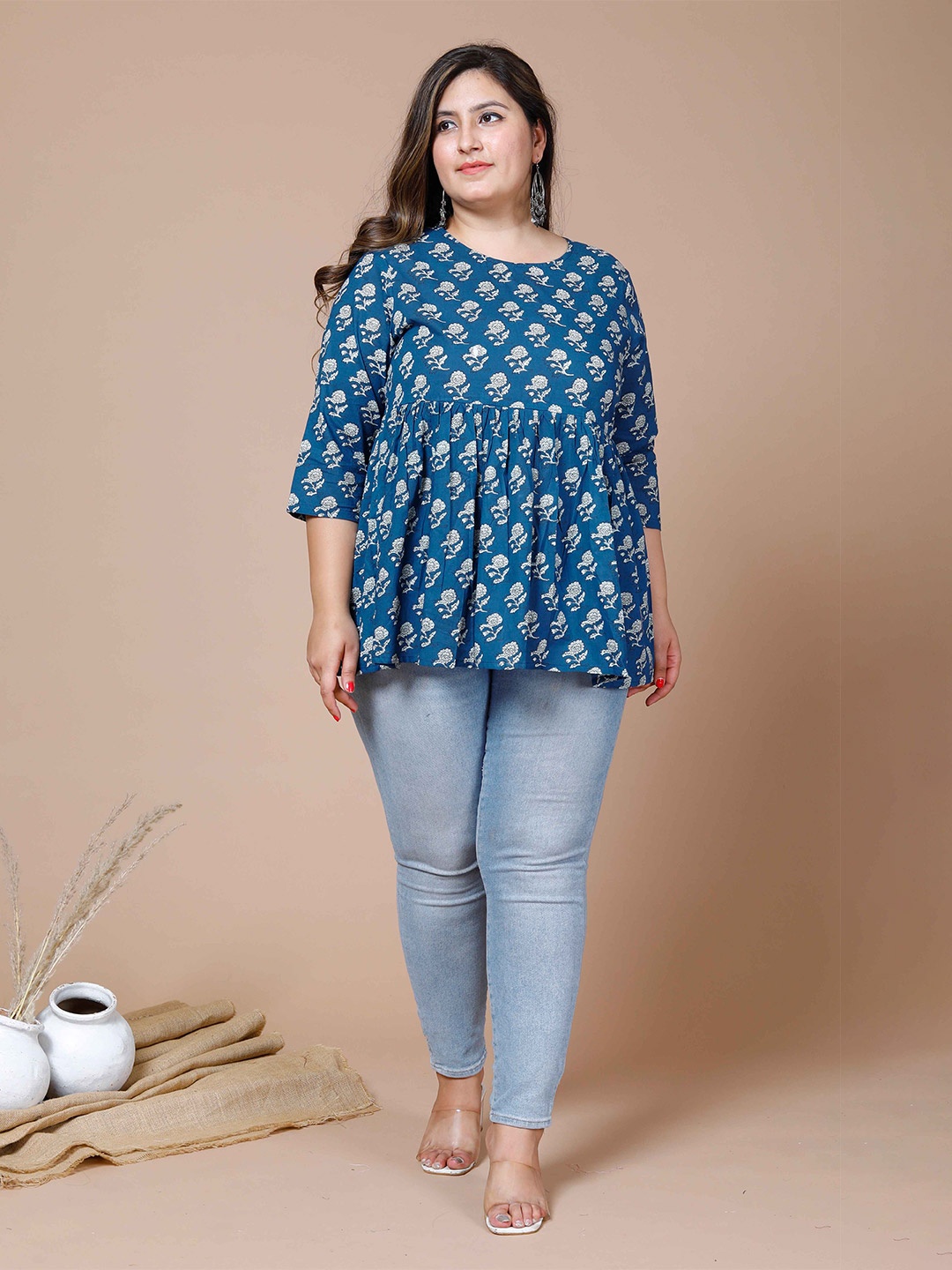 

MIRAVAN Plus Size Floral Printed Pure Cotton Kurti, Blue