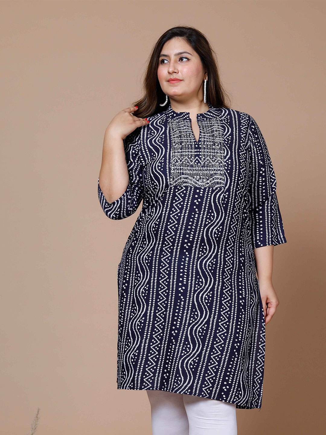 

MIRAVAN Plus Size Printed Bandhani Pure Cotton Kurta, Navy blue