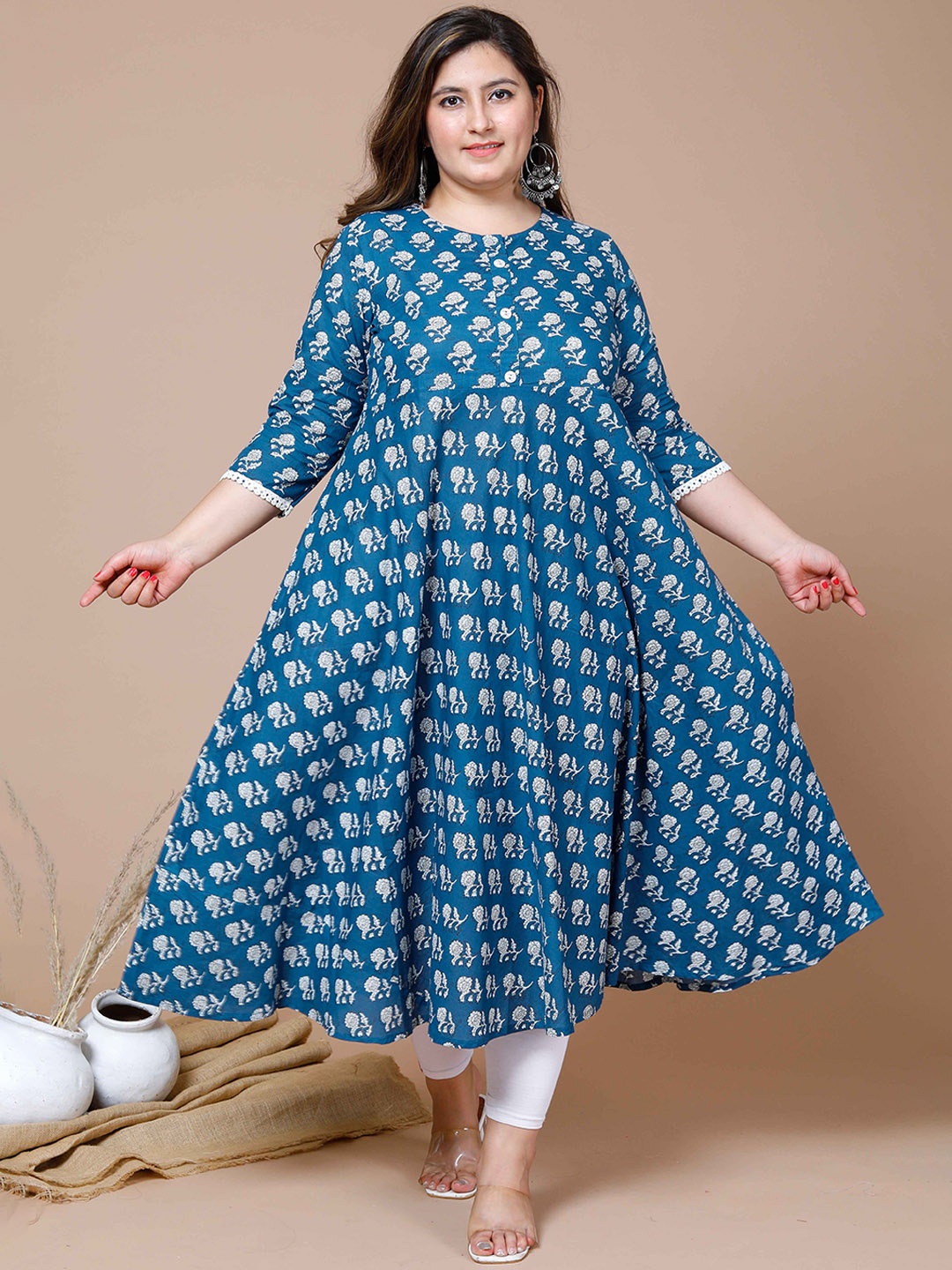 

MIRAVAN Plus Size Floral Printed Anarkali Empire Pure Cotton Kurta, Blue