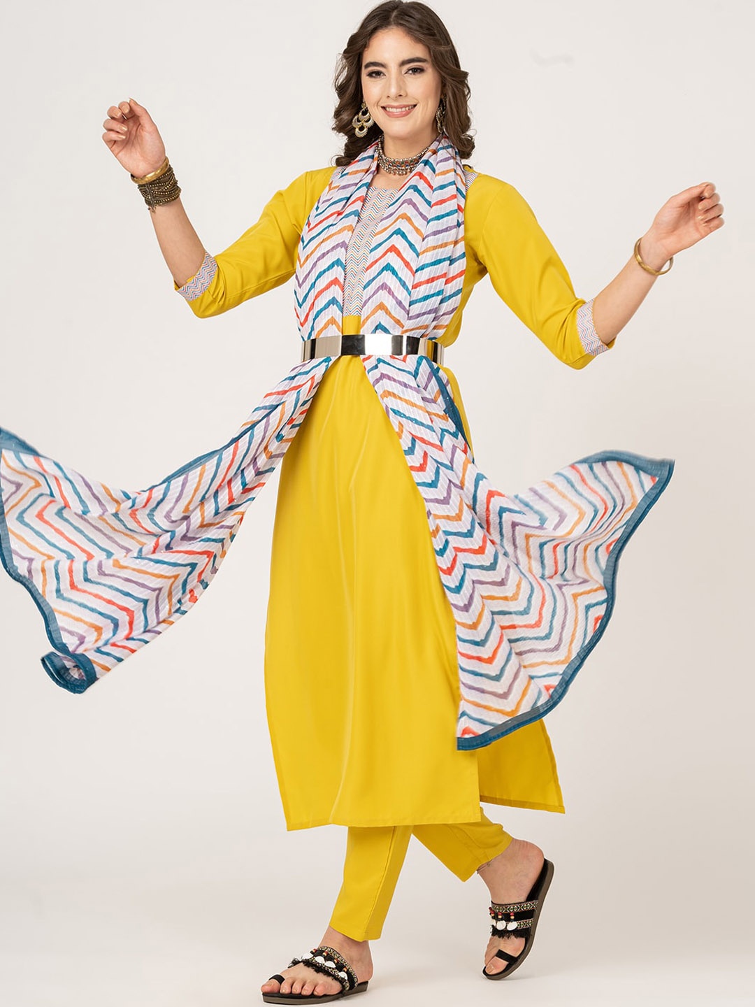 

J Turritopsis Yoke Design Sequinned Kurta with Trousers & Dupatta, Yellow