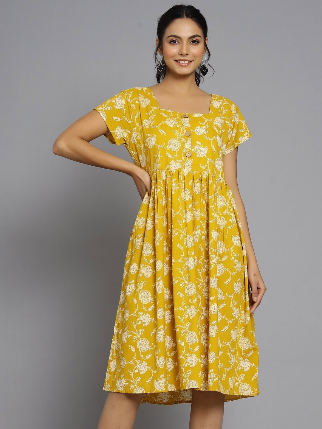 

HANDICRAFT PALACE Printed Cotton A-Line Midi Ethnic Dress, Mustard