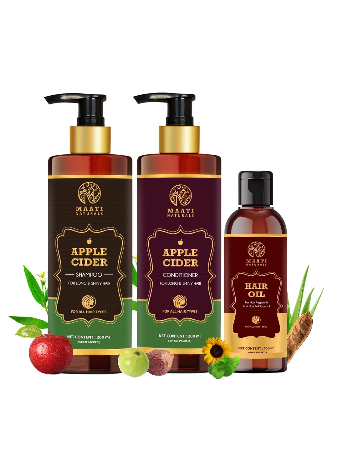 

MaatiNaturals Pack of 3 Apple Cider Shampoo, Conditioner and Hair Oil, Black