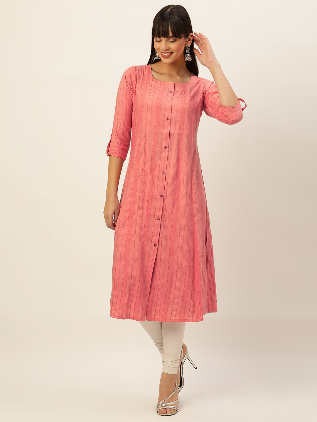 

ZOLA Striped Roll-Up Sleeves Kurta, Peach