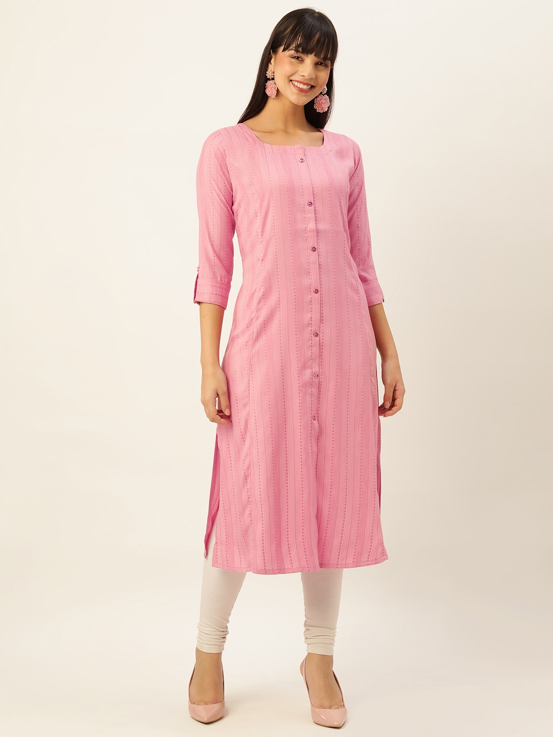 

ZOLA Striped Roll-Up Sleeves Kurta, Pink