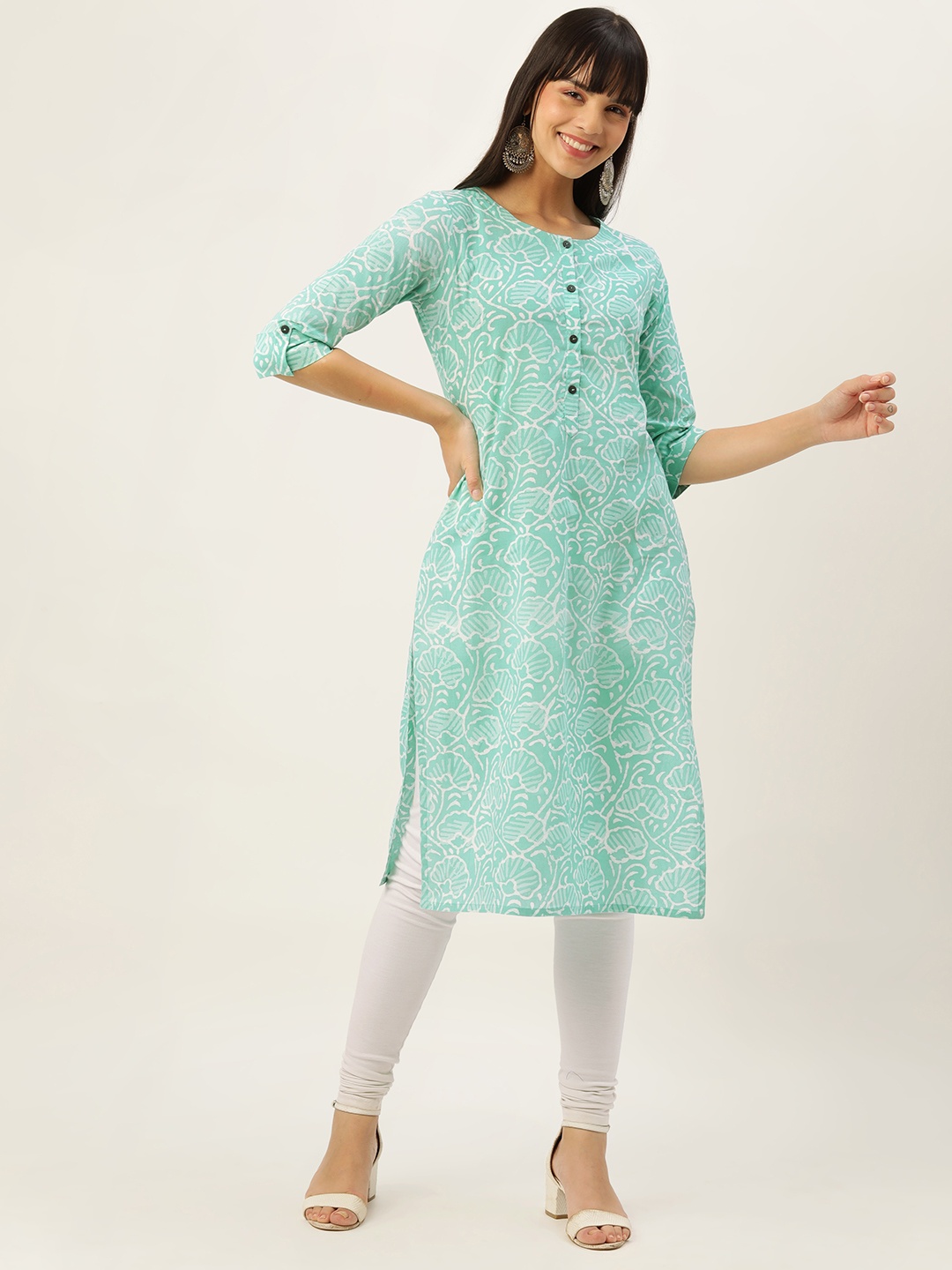 

ZOLA Women Floral Printed Regular Cotton Kurta, Sea green