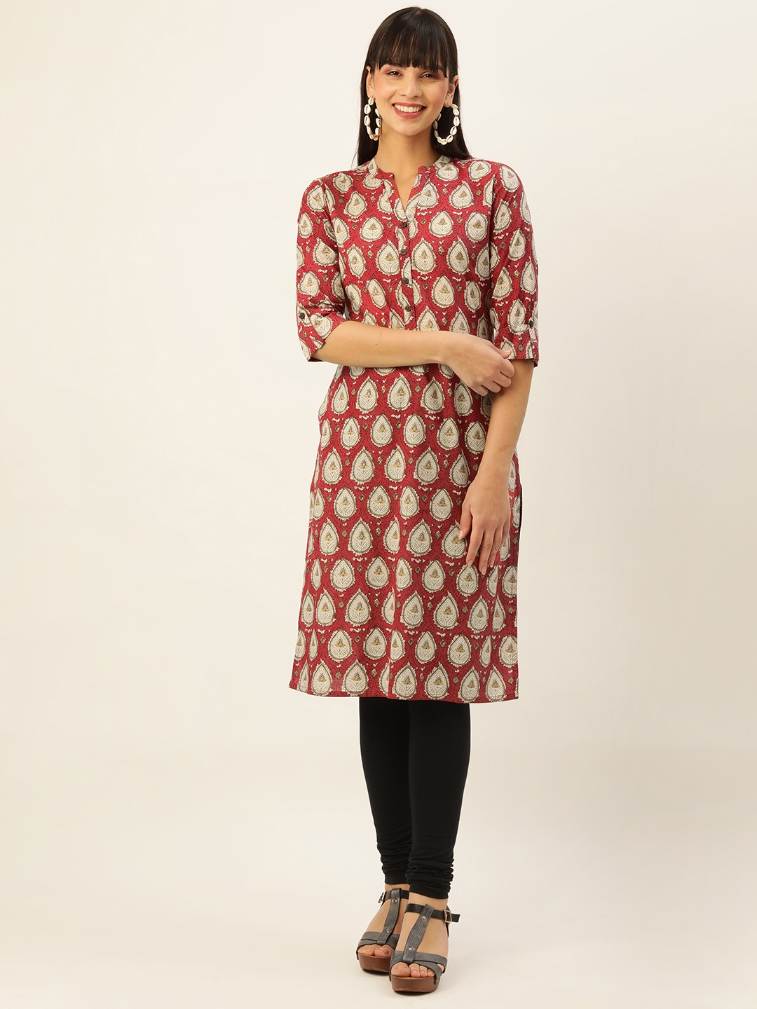 

ZOLA Mandarin Collar Paisley Cotton Kurta, Maroon