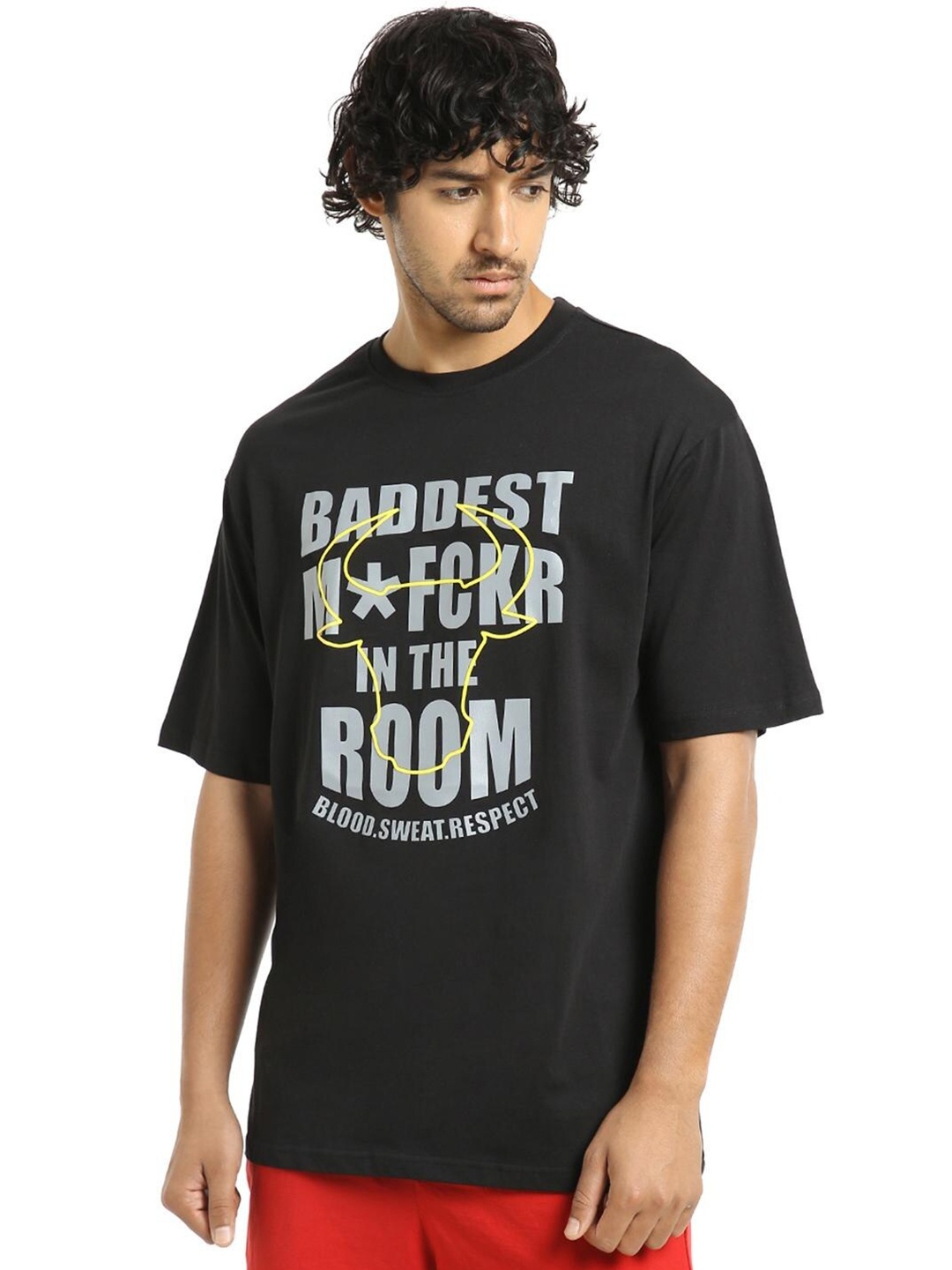 

Bewakoof Men Cotton Typography Printed Loose T-shirt, Black