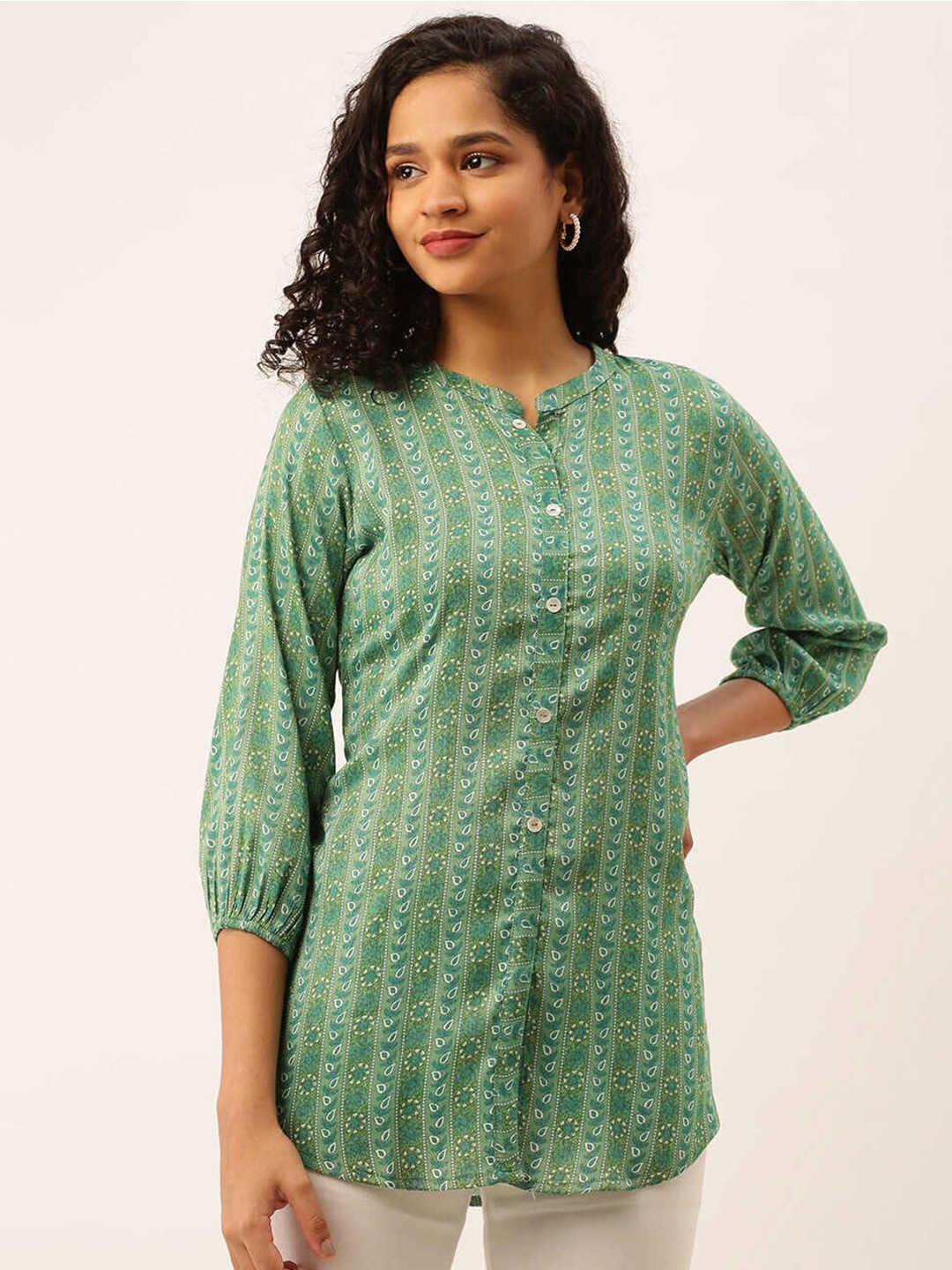 

ZOLA Viscose Rayon Mandarin Collar Printed Tunic, Green