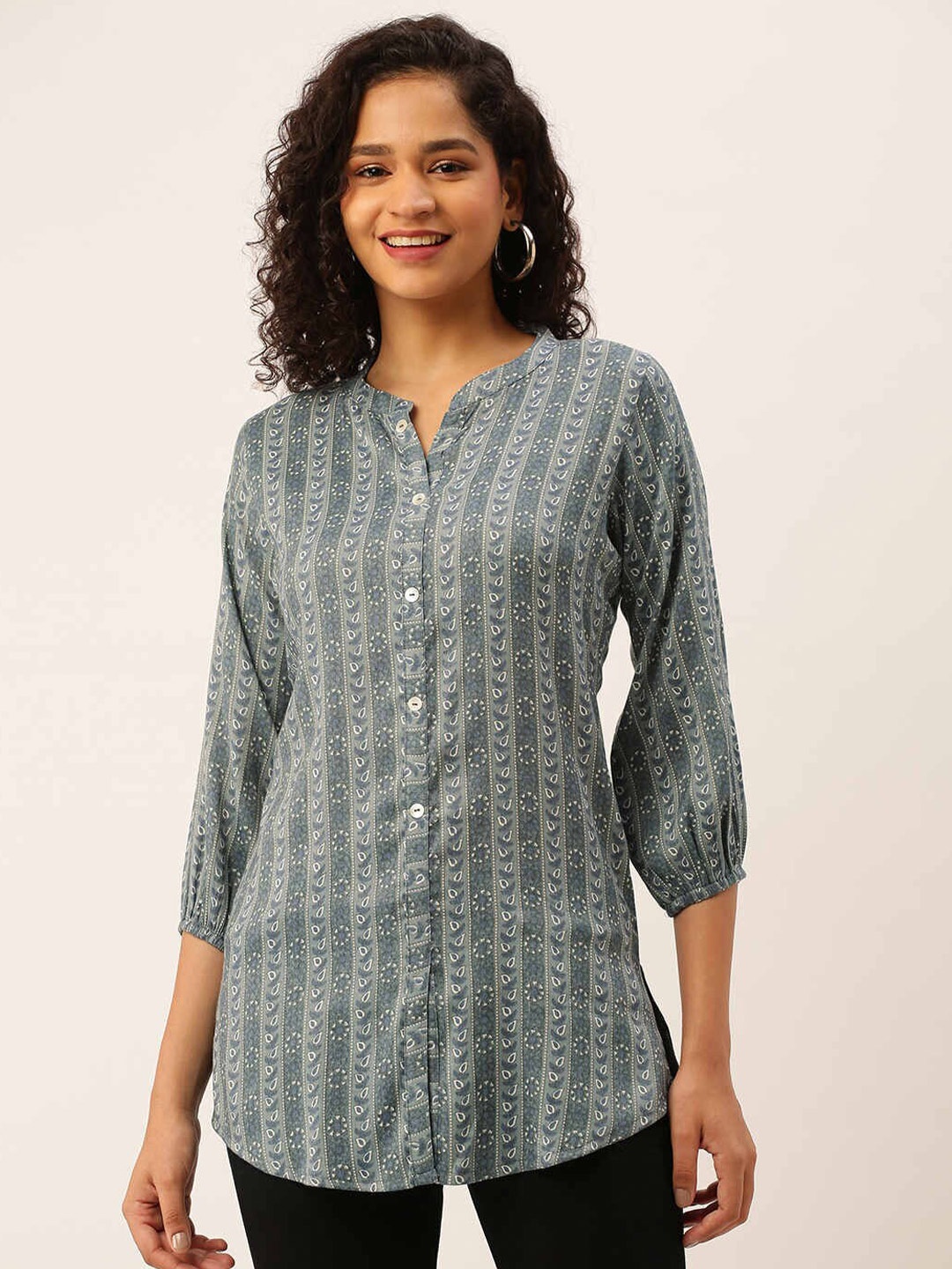 

ZOLA Viscose Rayon Mandarin Collar Printed Tunic, Grey
