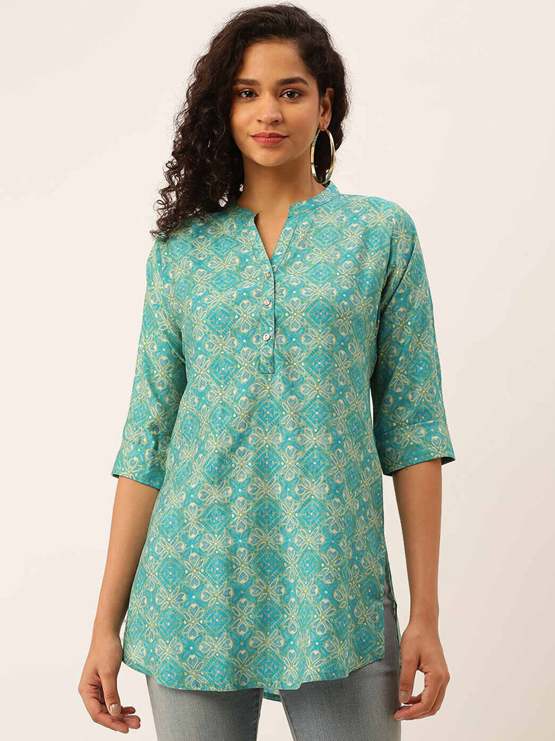 

ZOLA Mandarin Collar Printed Tunic, Green