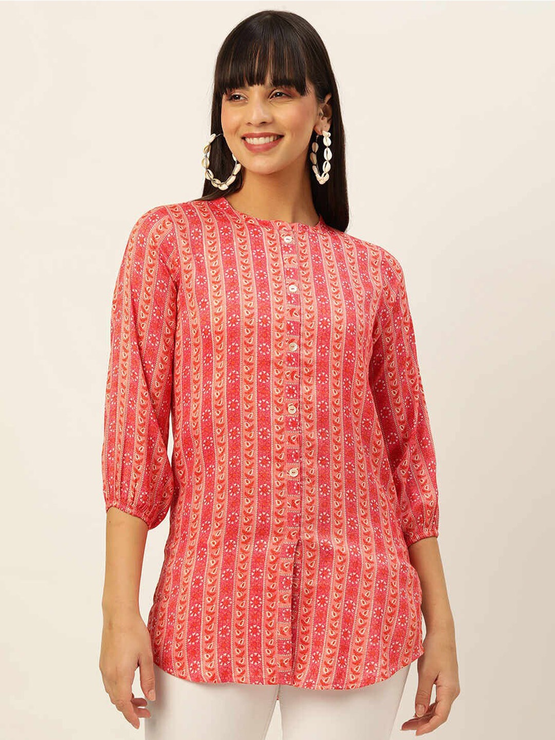 

ZOLA Viscose Rayon Mandarin Collar Printed Tunic, Pink