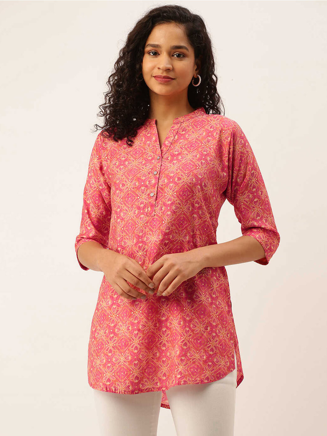 

ZOLA Mandarin Collar Printed Tunic, Pink